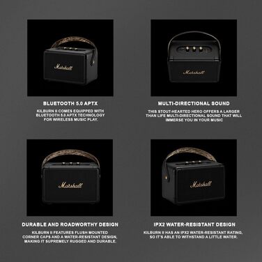 Портативна Bluetooth колонка Marshall Kilburn II, водостійка, чорна з латунню
