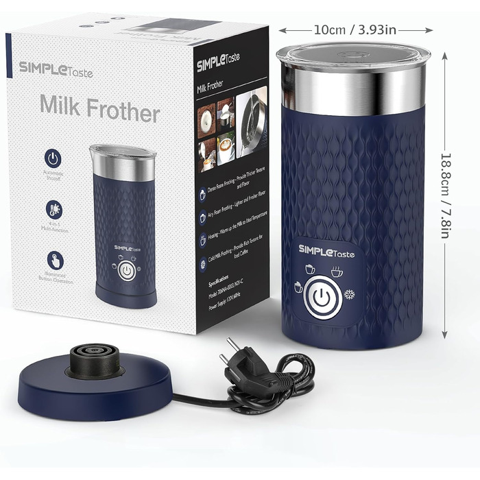 Електричний спінювач молока SIMPLETaste 4-в-1: спінювач, нагрівач молока, для капучино, лате, макіато (блакитний)