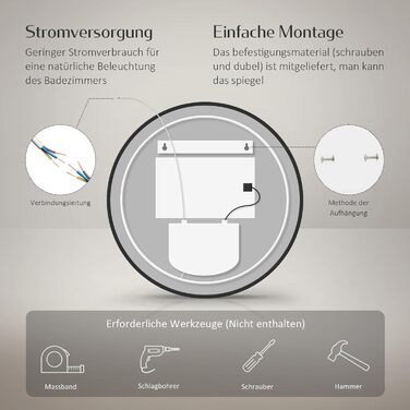 Круглий дзеркало для ванної кімнати EMKE з підсвічуванням 60 см – Чорний дзеркало з антизапарюванням, регулюванням яскравості, годинником, індикатором температури, сенсорним управлінням, функцією пам'яті, енергозберігаючий