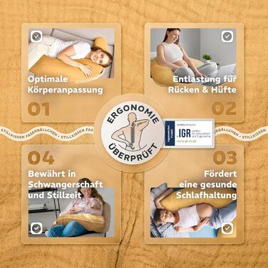 Подушка для вагітних Sei Design XXL з екологічної тканини Öko-Tex | Ергономічна подушка для сну та годування | Безшумна еластична наповнювач, чохол 100% бавовна (Musselin Bernstein, 190x30)