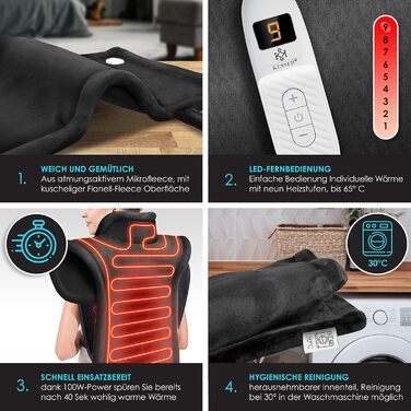 Електричне грілка для спини, шиї та плечей KESSER® з таймером, 9 температурних режимів, 60x85 см, з ремінцем для талії, пульт дистанційного керування, антрацит