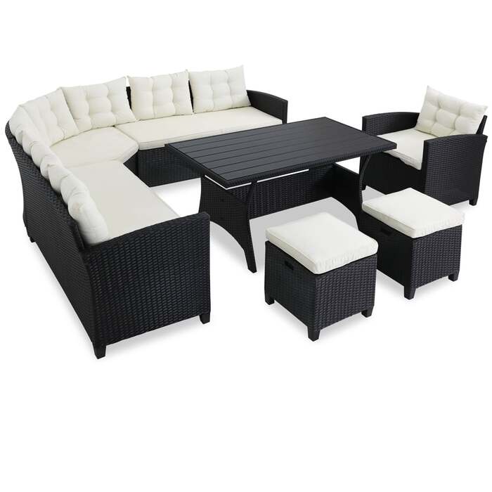 Polyrattan Corner Lounge чорний/кремовий з подушкою