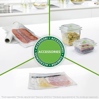 Компактний вакууматор FoodSaver VS0100X з ручним пристроєм для вакуумування, сріблястий (1 рулон та 4 пакети в комплекті)