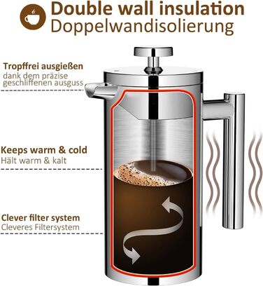 Френч-прес MaxMiuly для кави, 0,35 л, нержавіюча сталь, з подвійними стінками, 2 сита, сріблястий