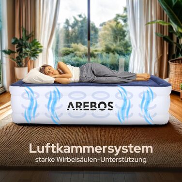 Надувний матрац Arebos | Самостійно надувний матрац 203 × 95 × 51 см для 1 особи | Гостьовий матрац з електричним насосом | Надувний матрац з сумкою для транспортування для кемпінгу/до дому | (Синій/Білий)