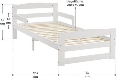 Молодіжне ліжко Juskys Arona 90x200 см з рейковою основою - Каркас ліжка з масиву дерева білого кольору - Односпальне ліжко із захистом від падіння з висоти - Місце для зберігання під ліжком