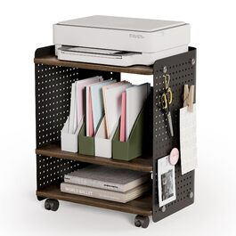 Робочий стіл для принтера Fenge з колесами, мобільний тримач для принтера з перфорованою панеллю, 3 рівні, стійка для принтера/рол-контейнер з органайзером, полиця, шафа для офісу та дому, 45,3x33,5x53,5 см (Коричневий+Чорний)