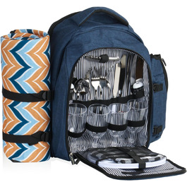 Рюкзак для пікніка CampFeuer 32 предмети Набір для пікніка на 4 особи синій строкатий з тримачем для пляшок, ковдрою для пікніка, холодильною камерою та кемпінговим посудом Рюкзак для відпочинку, кемпінговий рюкзак