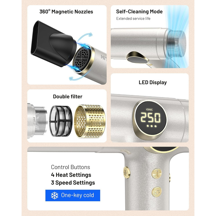 Іонічний дорожній фен HITTIONA 3 в 1 з диффузором, золото: швидке сушіння, подвійна напруга (100-240V), низький рівень шуму