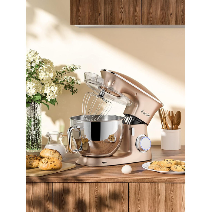 Кухонна машина-міксер Facelle 2000W з чашею 8,5L (6+ швидкостей) для випічки, тіста, міксування, з набором насадок (снігобій, гак для тіста, вінчик) та захистом від бризок, колір Champagne