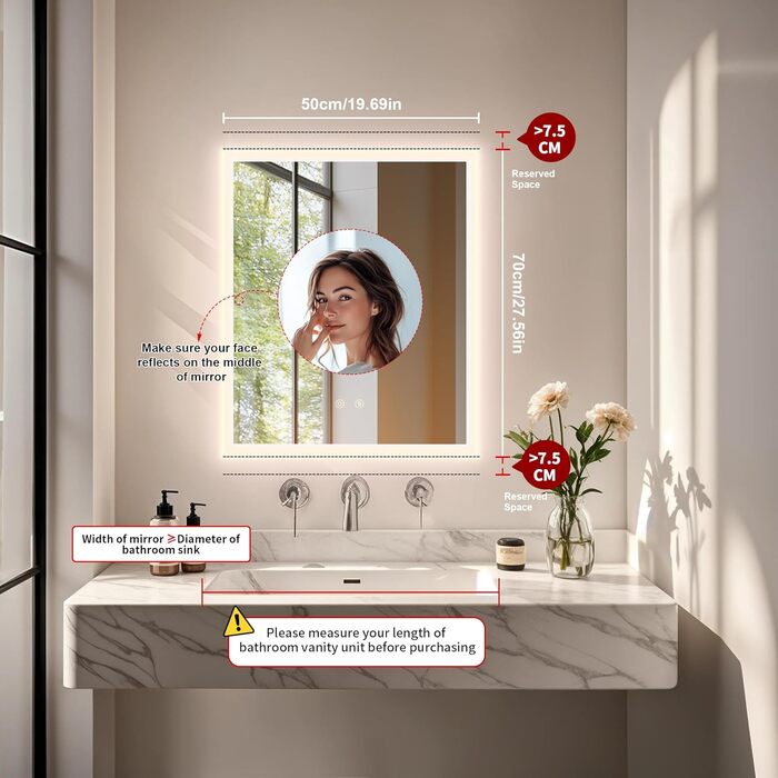 Дзеркало для ванної кімнати LUVODI з підсвічуванням 40x50 см: регульоване LED дзеркало з 3 кольорами світла, 2 сенсорні кнопки, запобігає запотіванню, водонепроникне, монтаж на стіну (70L x 50B см)