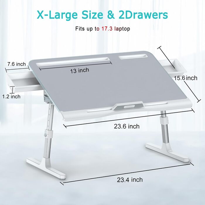 Регульований столик-підставка для ноутбука KLEAR - XL, сірий. Зручний для ліжка, дивану, підлоги. Подвійні висувні ящики.