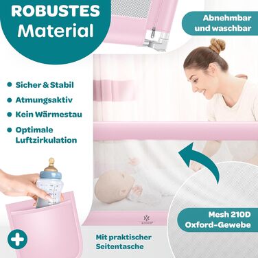 Захисний бортик для ліжка KESSER® 150 см, сітчастий бортик для дитячого ліжка, складаний та регульований по висоті, захист від випадання для немовлят та дітей (Рожевий, 180 см)