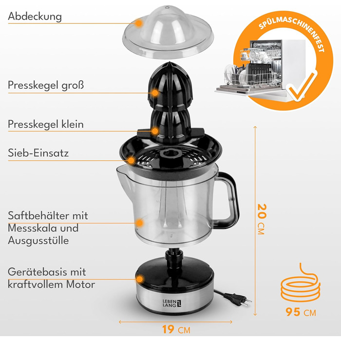 Електрична цитрусова преса LEBENLANG - 2 конуси, без BPA, висока врожайність соку, 700 мл, нержавіюча сталь, для дому, соковитискач для лимонів та апельсинів
