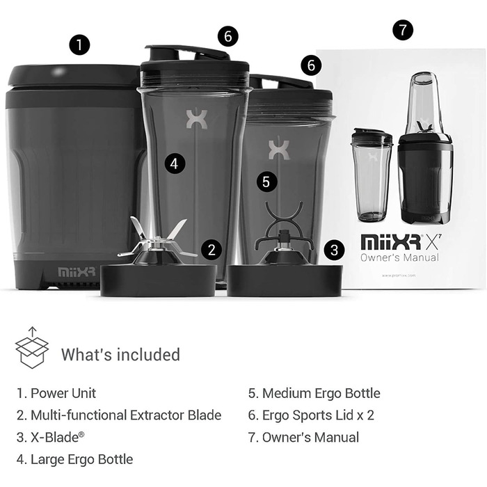 Блендер стаціонарний PROMiXX MiiXR X7 - з протеїновим міксером Performance Nutrition X-Blade - Висока ефективність 700 Вт - набір із 7 предметів - чорний