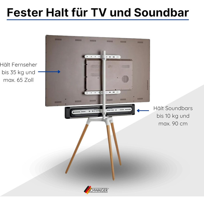Підставка для телевізора Schwaiger 658200: дерев'яна стійка-монопод для телевізорів до 65 дюймів, до 35 кг, з кріпленням для саундбару, білий/бук, справжнє дерево, преміум-якість