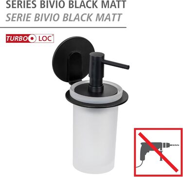 Диспенсер для мила WENKO Turbo-Loc Bivio Black матовий, настінний кронштейн з алюмінію, дозатор 150 мл зі скла, кріплення без свердління, чорний, 8 х 16 х 10 см
