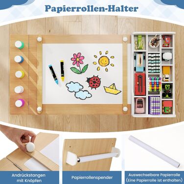 Дитячий стіл COSTWAY 3 в 1 з 2 стільцями: стіл для малювання, мольберт, місце для зберігання. Дерев'яний дитячий стіл-трансформер, 120 x 60 x 60 см (натуральний колір).