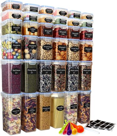 Набір контейнерів для зберігання продуктів 36 шт. з універсальною кришкою – 1 кришка для всіх 5 розмірів, герметичні та BPA-free, прозорі контейнери для їжі, з мірною ложкою та етикетками (2,4/2/1,4/0,8/0,5 л)