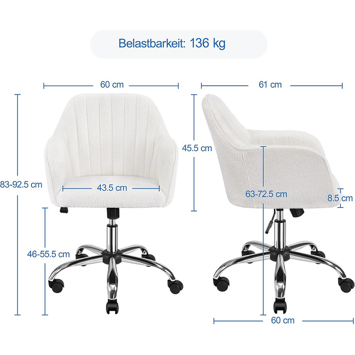 Крісло Yaheetech для дому та офісу: регульоване, обшите велюром, до 136 кг, колір слонова кістка
