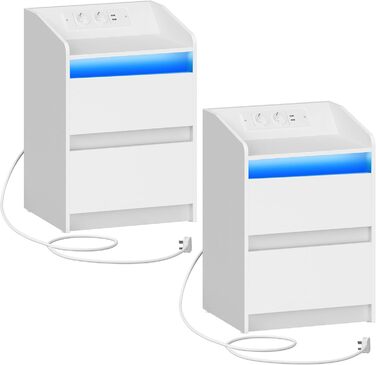 Набір з 2 приліжкових тумб з LED-підсвіткою, зарядною станцією, USB та розетками, з 2 шухлядами, білий, для спальні та вітальні, модель NS30103X