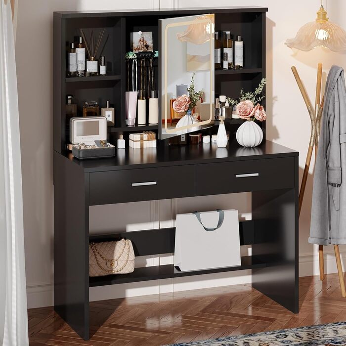 Дзеркальний туалетний столик JUMMICO з LED-підсвічуванням, 2 шухляди, 4 полиці, білий (чорний)