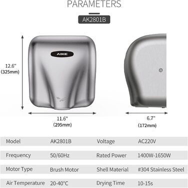 AIKE AK2801B Преміум сушарка для рук - електрична, з датчиком, HEPA-фільтр, нержавіюча сталь, 10-15 сек сушіння