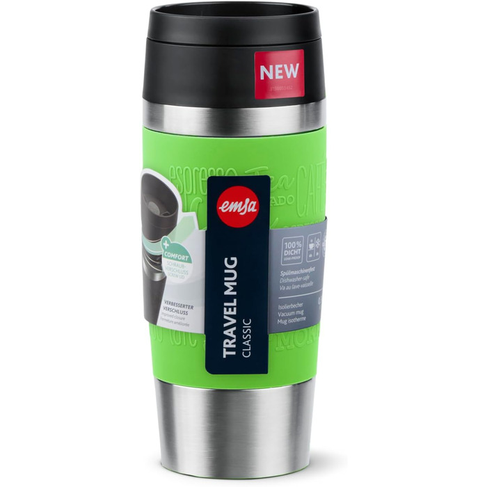 Термокружка Emsa N20210 Travel Mug Classic з нержавіючої сталі, 0.36 л, з кришкою-гвинтовою, ізоляція 4г гаряче/8г холодне, 100% герметична, для миття в посудомийній машині, з поворотним отвором для пиття (лімонний колір)