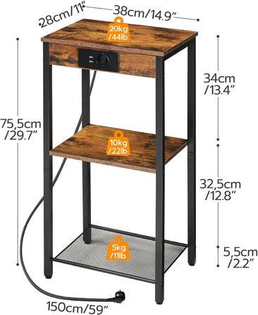 Журнальний столик HOOBRO із зарядною станцією, 3 яруси, вінтажний коричневий/чорний, для вітальні/спальні/передпокою