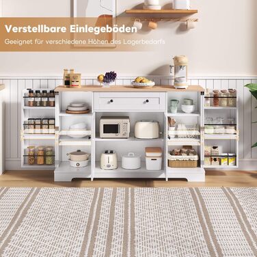 Багатофункціональний буфет-біликовий стіл 138 см з шухлядою, полицями та регульованими полицями – з кріпленням від перекидання, для кухні, вітальні та спальні (Натуральний+білий)