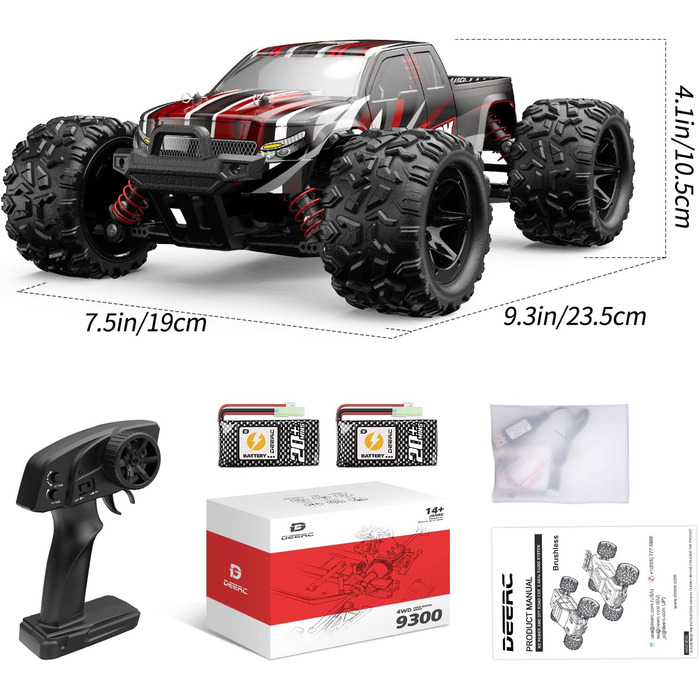 Радіокерований позашляховик DEERC 1:14 40 км/год, RC-трак 4x4 2.4 ГГц з LED фарами, іграшка-монстр-трак для хлопчиків, 2 акумулятори