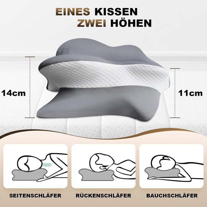 Ортопедична подушка для шиї з Memory Foam, сертифікат Oeko-Tex® | Підходить для сну на боці, спині та животі | Подушка для шиї для алергіків, сірого кольору (1 шт)