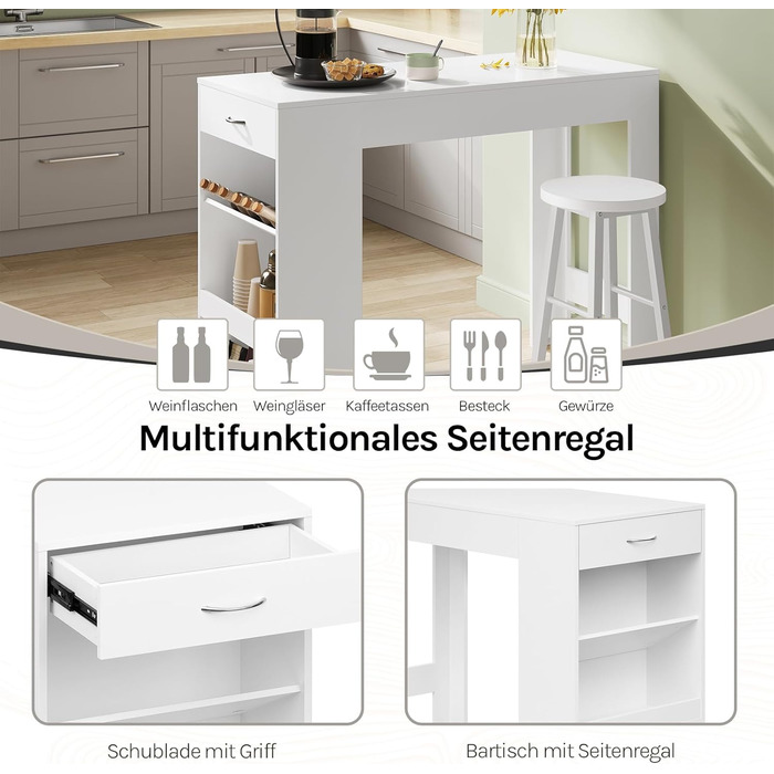 Столик-бар WOLTU з шухлядою та полицями для вина, 90x50x120 см, білий