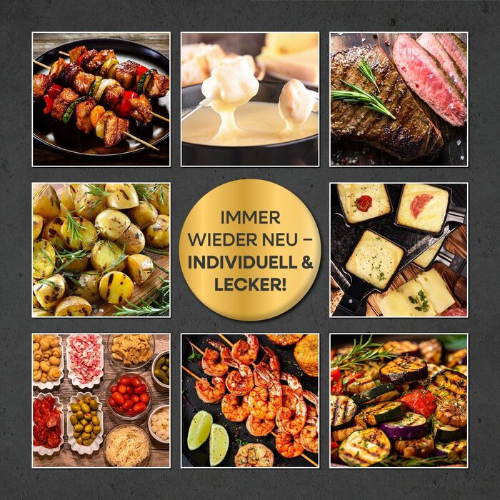 GOURMETmaxx Ракуетка 2-в-1 з Фондю | Набір ракуетки на 8 осіб – ідеальний гриль для вечірок | Ракуетка-фондю комбінація з 8 сковородами, лопатками та виделкою для фондю | Набір ракуетки з фондю на 8 осіб (Ракуетка & Фондю комбі XXL на 12 осіб)