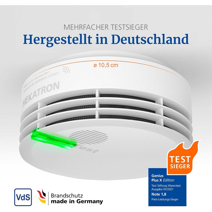 Пожежний сповіщувач Hekatron Genius Plus з батареєю на 10 років, тестування Stiftung Warentest, Made in Germany, з клейкою підкладкою, підтримка додатку, багатомовний, 1 шт.
