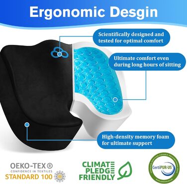 Подушка для сидіння CushyOasis: м'яка, з memory foam, для офісного крісла, протиковзна, знімний чохол, для полегшення болю в куприку, 13.4 см (Чорний)