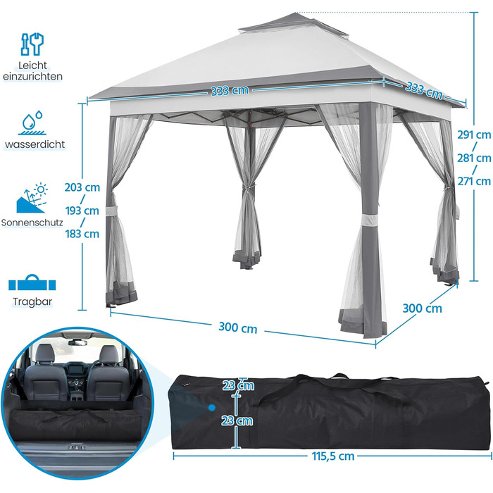 Павільйон Yaheetech 3.3x3.3м, водовідштовхуючий, з москітною сіткою, регульована висота, для саду та відпочинку