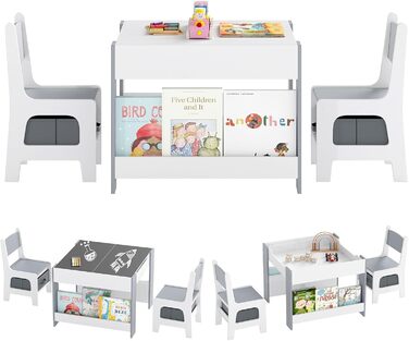 Детский стол со стульями COSTWAY 3 в 1: деревянный стол для рисования с ящиком и 2 стульями, для детей от 3 лет (Серый, Комбинированный)