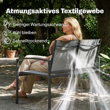 Вулична лавка для двох, металева, стійка до погодних умов, з дихаючою поверхнею сидіння та вигнутими підлокітниками, 112 x 66 x 80 см, сіра