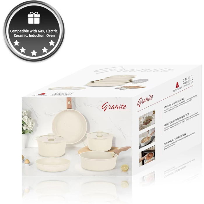 Набір посуду RIOVARM з індукційним дном, антипригарне покриття з граніту, знімні ручки, силіконові кришки, без PFOA. Каструлі та сковорідки