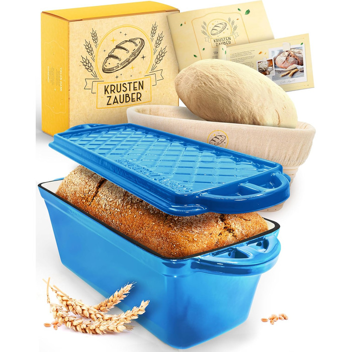 Емальована форма для випікання хліба з кришкою та кошиком для підйому тіста - міцна 28см форма з чавуну - ідеальна для тостів, хліба, випікання в чавунному горщику, аксесуари для випікання, броттоп (Блакитний, Квіткова форма)