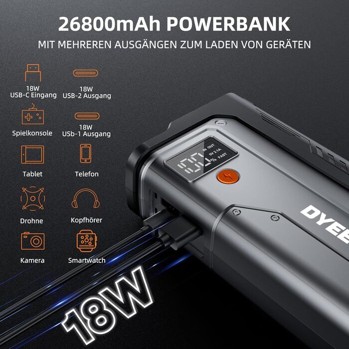 Powerbank Starthilfe 7000A: Автомобільний пусковий пристрій для 12V авто, бензин та дизель (до 12.0L), з LED ліхтариком та USB зарядкою