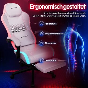 Ігровий крісло Dowinx з RGB підсвічуванням, LED, з підніжкою, для дорослих, ергономічний, з масажем попереку, з PU шкіри, білий