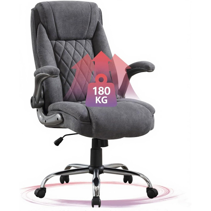 Ергономічне крісло для офісу 180 кг, комп'ютерне крісло з високою спинкою та широкою сидінням, регульовані підлокітники, для офісу, дому, геймінгу, сірий (без масажу)