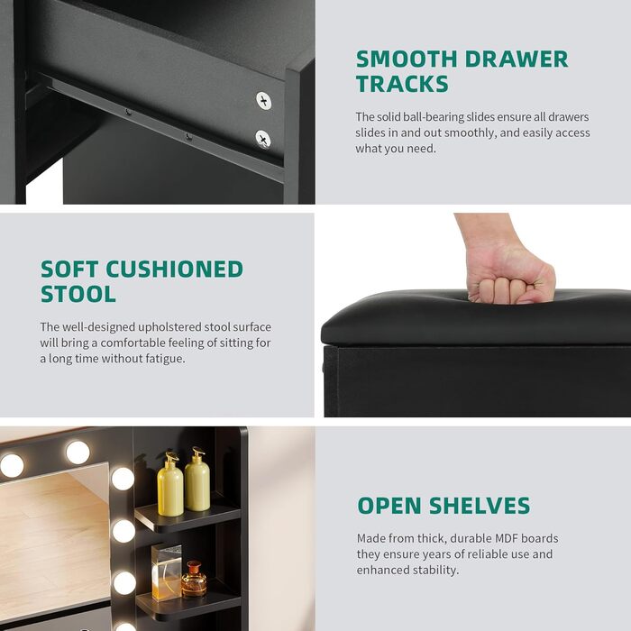 Дзеркальний туалетний столик YITAHOME з підсвічуванням та 4 шухлядами, чорний
