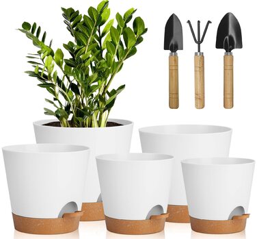 5 шт. пластикові горщики для квітів з системою поливу, 17.8/16.5/15.2/13.9/12.7 см. Самополивні кашпо з підставкою, круглі горщики для квітів, сукулентів, кактусів, кімнатних рослин, балкона та саду, зелені (білий, коричневий)