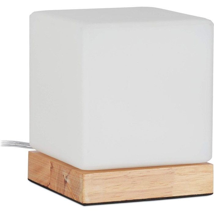 Настільна лампа Relaxdays Cube, E14, дерев'яна основа та матове скло, скандинавський дизайн, HWD 15x12x12 см, приліжкова лампа, біла