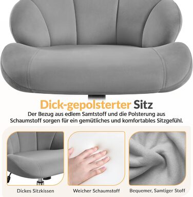 Крісло для дому та офісу Yaheetech, крісло для макіяжу, офісне крісло з регулюванням висоти, поворотне, з м'якою спинкою у формі мушлі, на коліщатках, з велюру, до 136 кг, білий (світло-сірий)