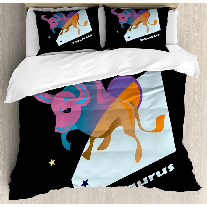 Набір підковдр ABAKUHAUS Zodiac Taurus Двоспальне ліжко, тема день-ніч, м'яка форма Високоякісна підковдра з 3 предметів з 2 наволочками, 220 x 220 см - 75 x 50 см, багатобарвний