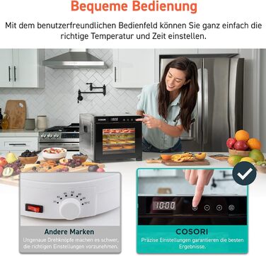 COSORI Дегідратор продуктів з 50 рецептами, 6 піддонів, 3 сітки, 3 килимки, площа 0,6 м², таймер 48 год, LED-дисплей (35°-75°C), 650W, сірий